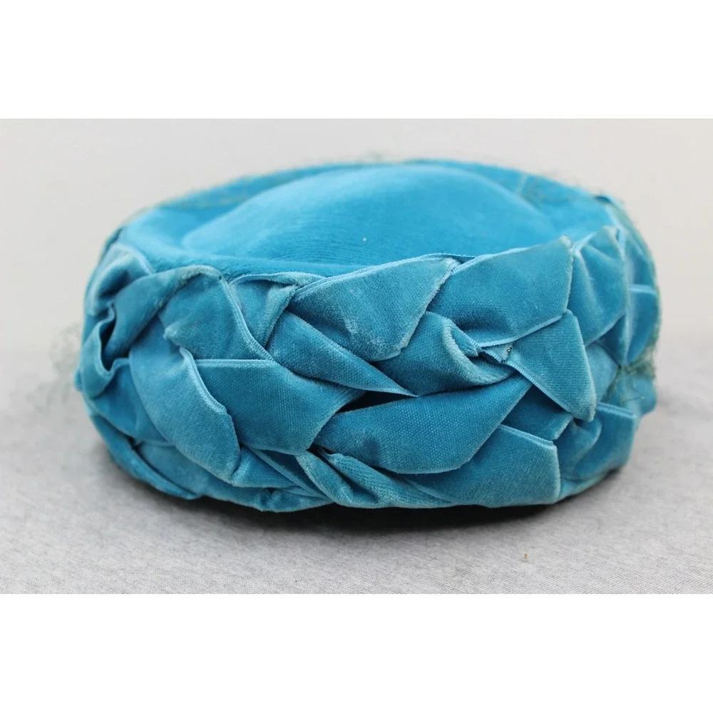 Vintage Hat Women OS Blue Pillbox Braided Velvet Veiled Mid Century Retro